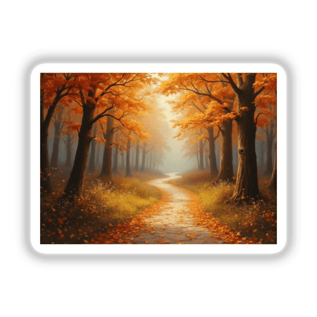 Cozy Fall Forest Path - Autumn iPad Pro 12.9-inch Wallpaper | Stickers or Download with Commercial Rights: features a serene, winding path through an orange-leaved forest, ideal for nature and autumn enthusiasts.