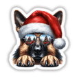 Resting Christmas Santa German Shepherd Dog II: A dog wearing a Santa hat and sunglasses with Christmas trees reflected, offered as stickers or digital artwork.