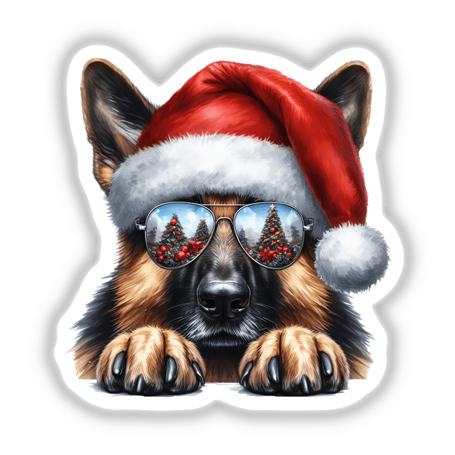 Resting Christmas Santa German Shepherd Dog II: A dog wearing a Santa hat and sunglasses with Christmas trees reflected, offered as stickers or digital artwork.