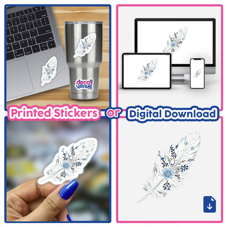 Chinoiserie Feather sticker featuring a detailed design of a feather adorned with flowers, showcased on a laptop keyboard. Available as a sticker or digital artwork from Decal Venue.