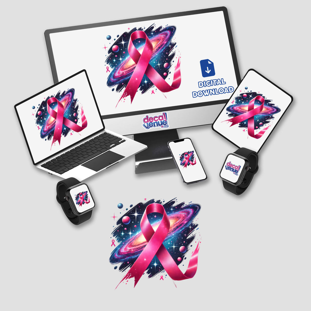 Computer monitor, laptop, and smart watch displaying a Pink Ribbon and Galaxy Breast Cancer Awareness design, available as stickers or digital artwork from Decal Venue.