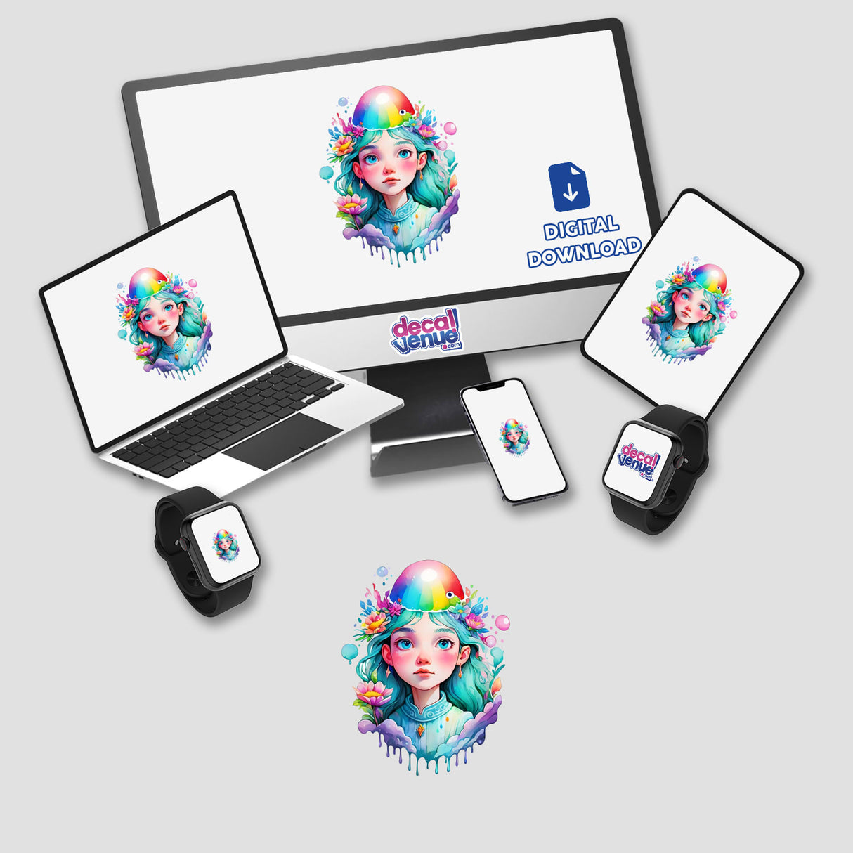 Sticker Design: Dreamy Magical Portrait of a Woman displayed on various devices, including a laptop, monitor, and smartwatch, featuring a cartoon girl with flowers and a rainbow hat.