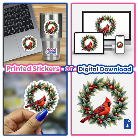 Red Cardinal Bird in a Christmas Wreath depicted in a collage, featuring stickers and digital artwork variations, showcasing the bird on branches, in wreaths, and as decals on various surfaces.