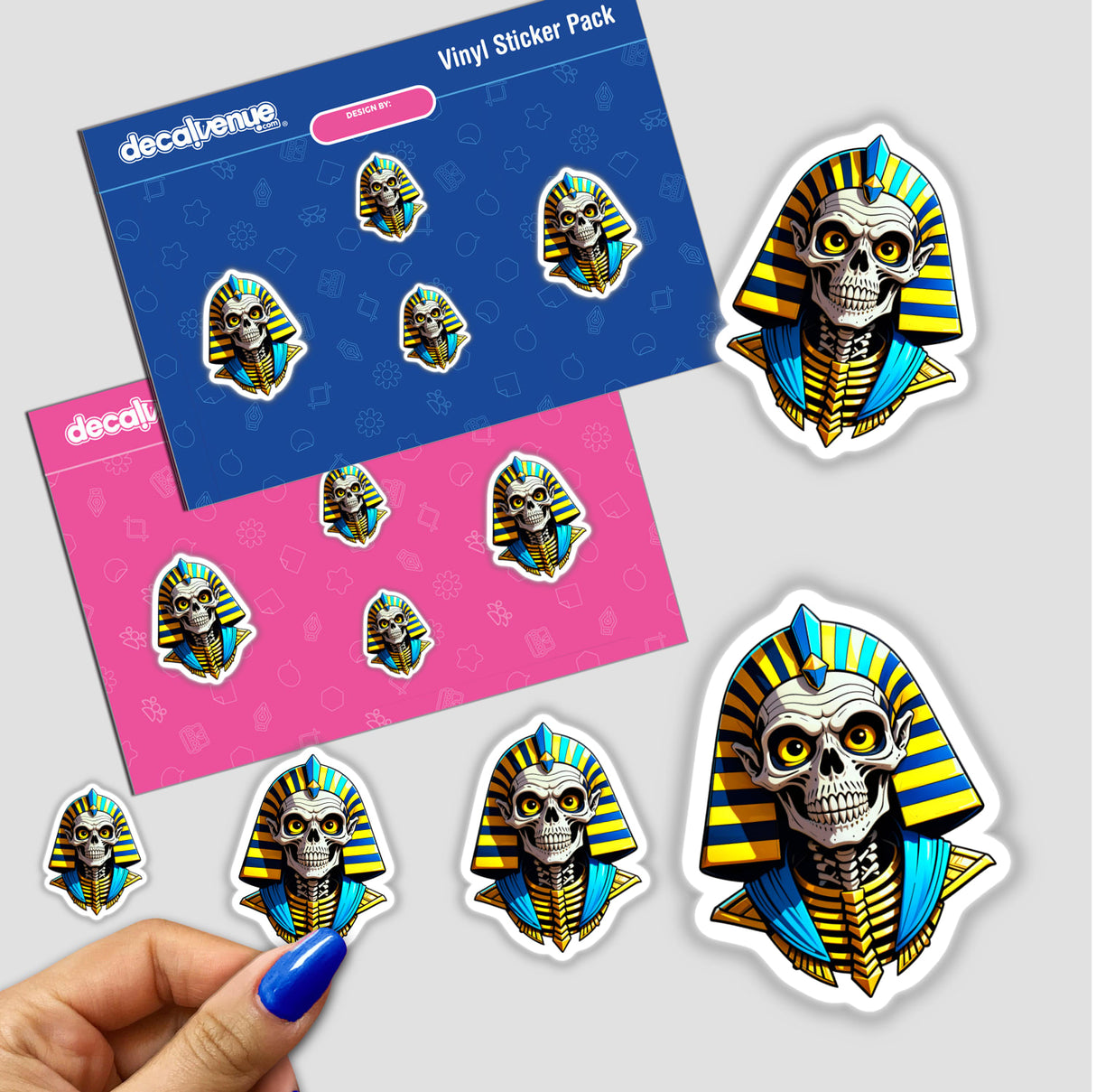 A Cool Egyptian Pharaoh Skull sticker, featuring a cartoon skeleton in pharaoh attire, ideal for vinyl applications or as digital artwork from Decal Venue.