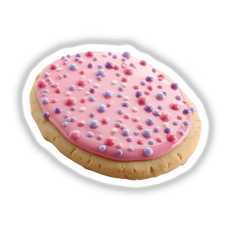 Oval Shaped Cookie with Pastel Pink and Purple Dots available as Stickers or Digital Artwork, showcasing a delightful design with pink frosting adorned with purple dots.