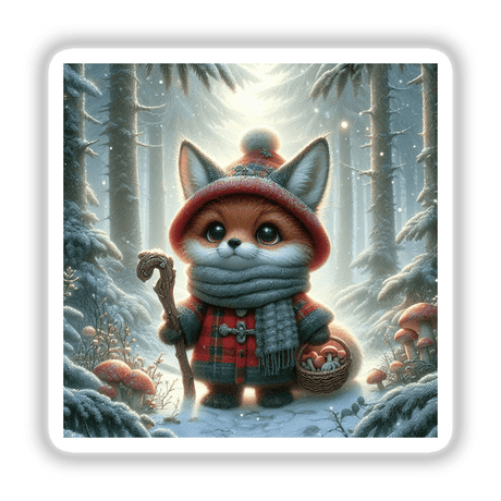 Foxy Forager: A charming cartoon fox holding a basket of mushrooms in a snowy forest, available as stickers or digital artwork from Decal Venue.