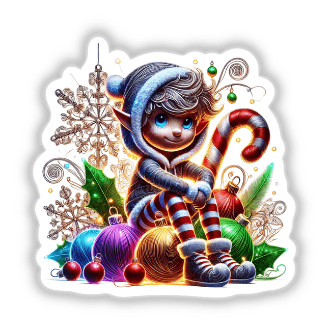 Luminous Christmas Elf: A cartoon elf sits joyfully on a candy cane, available as unique stickers or digital artwork from Decal Venue.