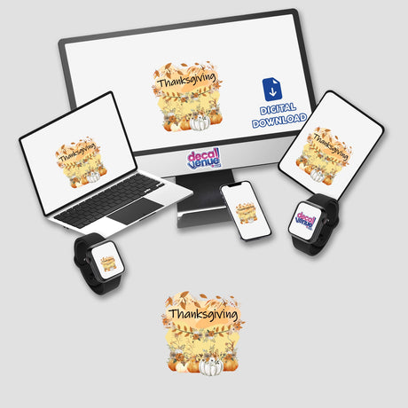 Thanksgiving Greetings displayed on various devices, showcasing stickers or digital artwork featuring festive designs with pumpkins and flowers, available at Decal Venue.