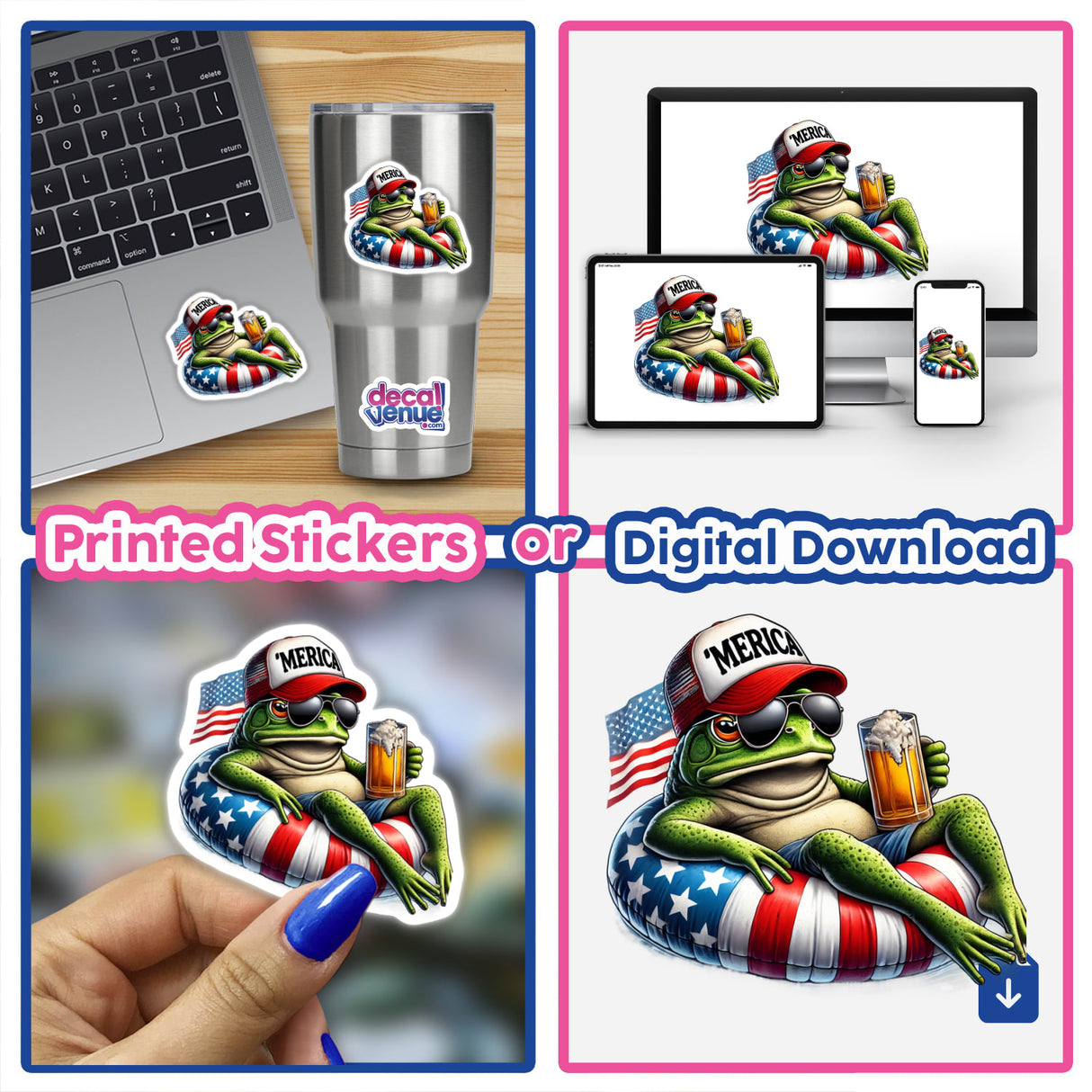 Collage showing a laptop with a Bullfrog American Flag Float Merica sticker, a close-up of a hand, and additional frog-themed stickers.