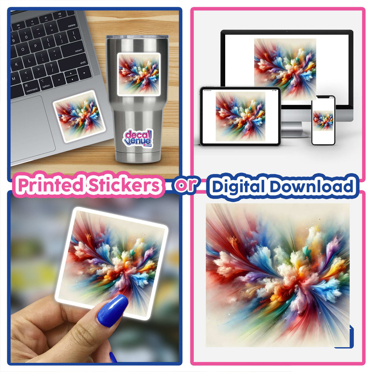 Abstract Aura - Vibrant Color Bursts in Watercolor: a collage featuring laptops, a keyboard, and a phone displaying colorful paint explosions, available as stickers or digital artwork from Decal Venue.