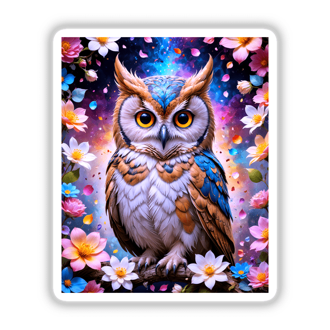 A Lovely Owl With Blooming Flowers depicted on a card, featuring intricate artwork of an owl amidst floral elements, available as stickers or digital artwork from Decal Venue.