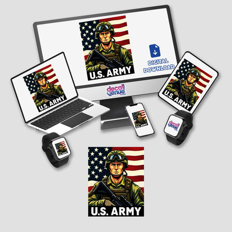 U.S. Army - American Soldier With Flag depicted on a laptop screen, showcasing digital artwork available as stickers or digital downloads, featuring a soldier in uniform with a flag background.