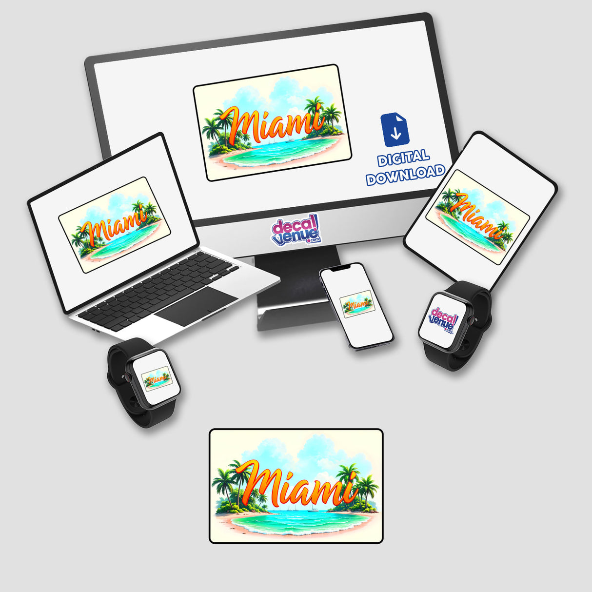 Florida Miami Beach USA digital artwork features a laptop screen displaying a serene beach with palm trees, ideal as unique stickers from Decal Venue.