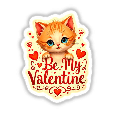 Cartoon cat face with hearts and text, titled Be My Valentine Valentine's Day Kitten, available as stickers or digital artwork from Decal Venue.