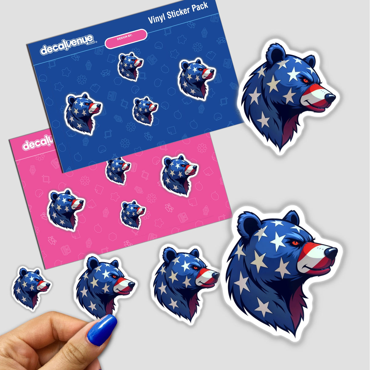 Cool American Flag Bear sticker featuring a cartoon bear adorned with stars and stripes, ideal for unique decoration. Available as a sticker or digital artwork from Decal Venue.