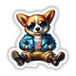 Patriotic Corgi Aviator Sticker - Adorable Corgi wearing American-themed leather jacket and sunglasses, available as stickers or digital download format