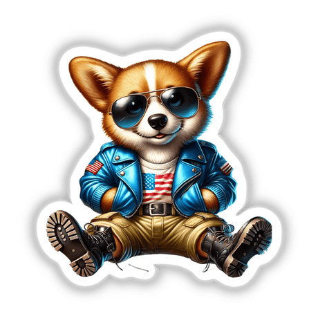 Patriotic Corgi Aviator Sticker - Adorable Corgi wearing American-themed leather jacket and sunglasses, available as stickers or digital download format