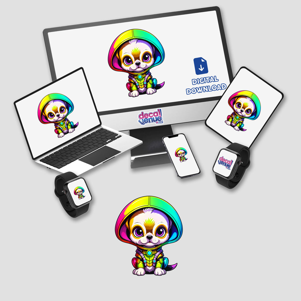 Cute Puppy From Outer Space digital artwork displayed on various devices, including a monitor and laptop, featuring a cartoon dog in a rainbow hat, available as stickers or digital art.