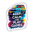 Keep Calm And Play Games Gaming Quote on a colorful car, featuring striking automotive decals and graphics. Available as stickers or digital artwork, perfect for enthusiasts seeking unique visual appeal.