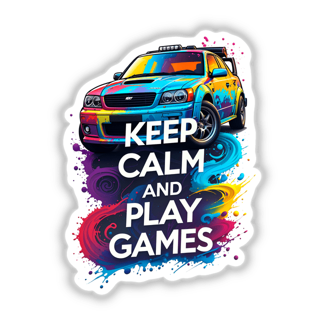 Keep Calm And Play Games Gaming Quote on a colorful car, featuring striking automotive decals and graphics. Available as stickers or digital artwork, perfect for enthusiasts seeking unique visual appeal.