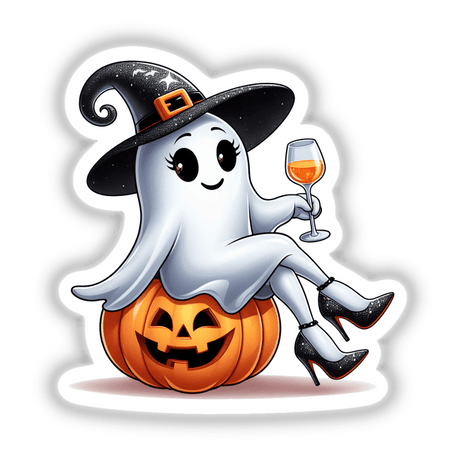 Sassy Halloween Ghost Witch with Wine Glass II: Cartoon ghost witch sitting on a pumpkin, holding a glass of wine, available as stickers or digital artwork.