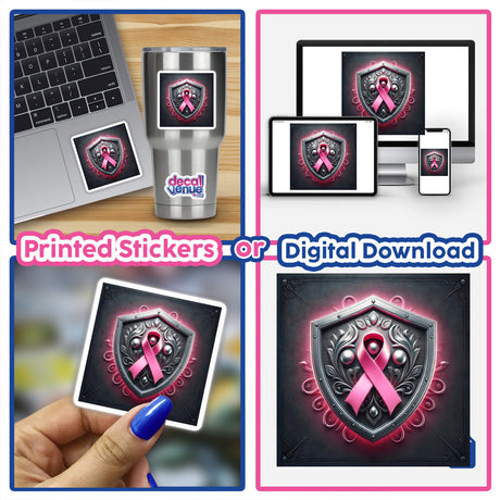 Warrior's Shield - Pink Ribbon Embossed on a Shield displayed as a collage with images of shields, fingernail painting, and close-ups, available as stickers or digital artwork.