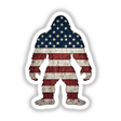 American Sasquatch: Illustration of a large yeti holding a flag, available as stickers or digital artwork, capturing a whimsical and festive essence.