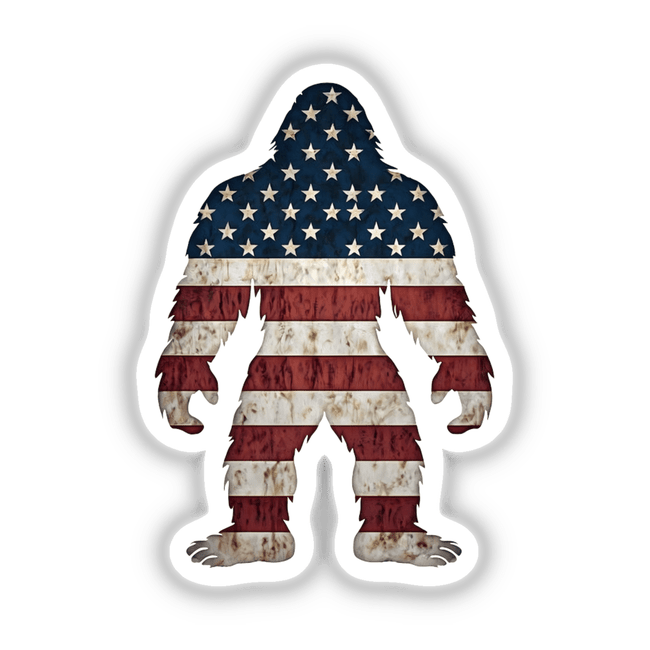 American Sasquatch: Illustration of a large yeti holding a flag, available as stickers or digital artwork, capturing a whimsical and festive essence.