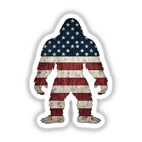 American Sasquatch: Illustration of a large yeti holding a flag, available as stickers or digital artwork, capturing a whimsical and festive essence.