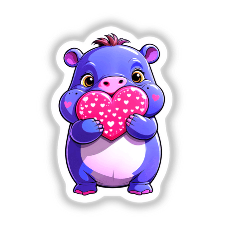 A Cute Pygmy Hippo With Love Hearts cartoon holds a pink heart, available as stickers or digital artwork, showcasing Decal Venue's unique animal-themed designs.