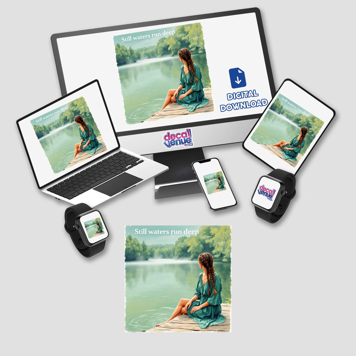 Woman on a Wooden Pier by a Lake – “Still waters run deep” displayed on a laptop and monitor, showcasing the artwork available as stickers or digital art at Decal Venue.