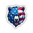 A Cool American Flag Bear cartoon illustration, showcasing a bear with an American flag pattern, available as stickers or digital artwork from Decal Venue.