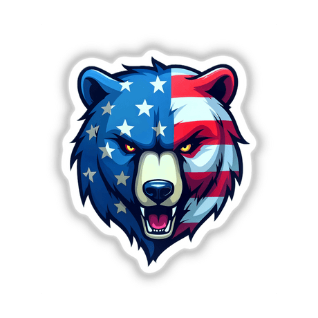 A Cool American Flag Bear cartoon illustration, showcasing a bear with an American flag pattern, available as stickers or digital artwork from Decal Venue.