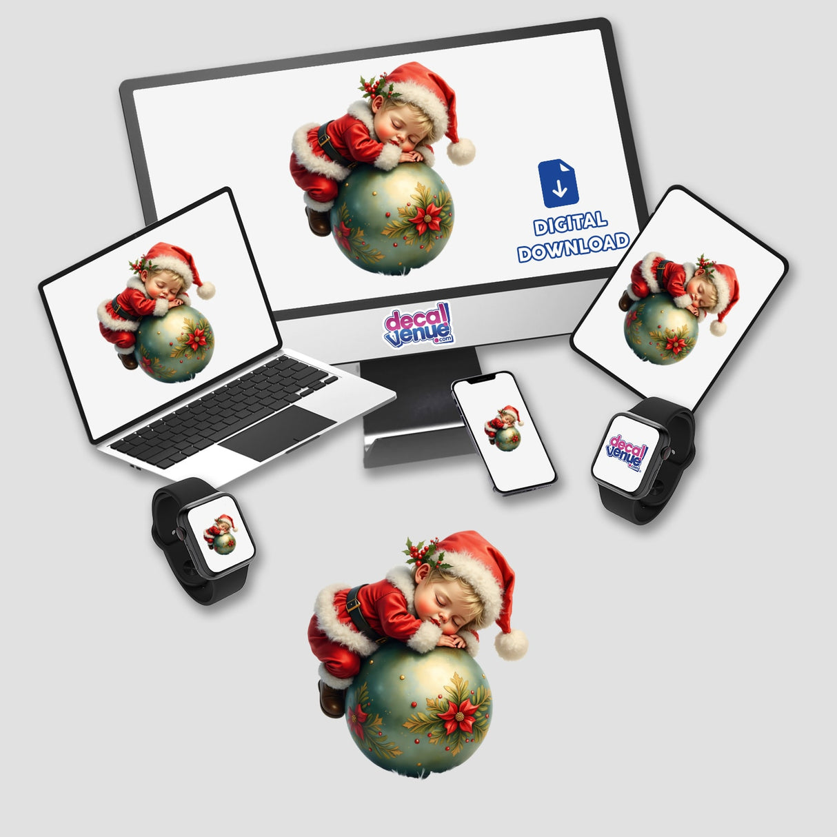 Baby Santa Sleeping on Christmas Ornament displayed on a computer monitor and laptop, available as stickers or digital artwork.