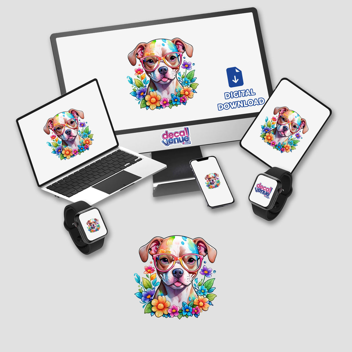 Baby pitbull wearing reading glasses, featured on a computer monitor and laptop screen, available as stickers or digital artwork from Decal Venue.