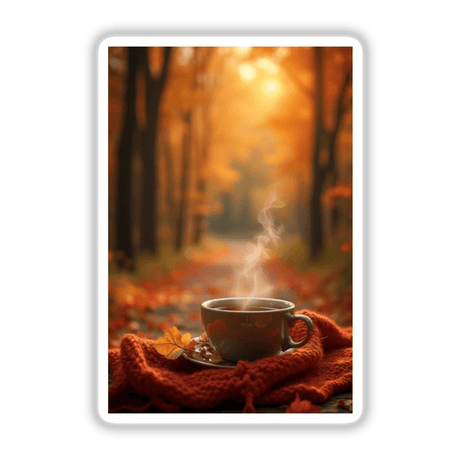 Wallpaper Background | Autumn Coffee Scene | High-Quality Stickers or Download with Commercial Rights: A cup of coffee on a cozy blanket adorned with autumn leaves.