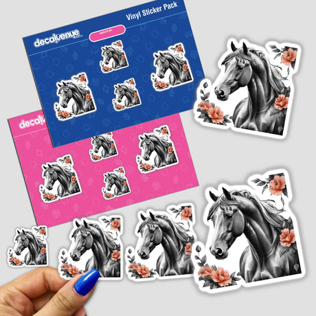 Horse Floral Accents PA11 sticker set featuring horses surrounded by flowers, with a close-up of a hand holding one sticker. Available as stickers or digital artwork.