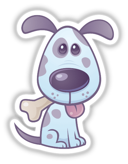 Cartoon sticker titled Puppy with Bone featuring a playful cartoon dog holding a bone in its mouth, ideal for decorating personal items with a touch of whimsy.