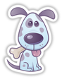 Cartoon sticker titled Puppy with Bone featuring a playful cartoon dog holding a bone in its mouth, ideal for decorating personal items with a touch of whimsy.