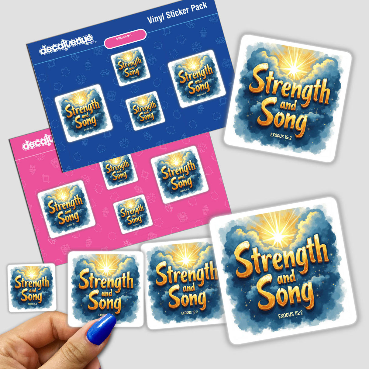 Hand displaying Strength and Song – Exodus 15:2 Christian stickers, featuring text and graphic design elements. Available as stickers or digital artwork with commercial rights from Decal Venue.