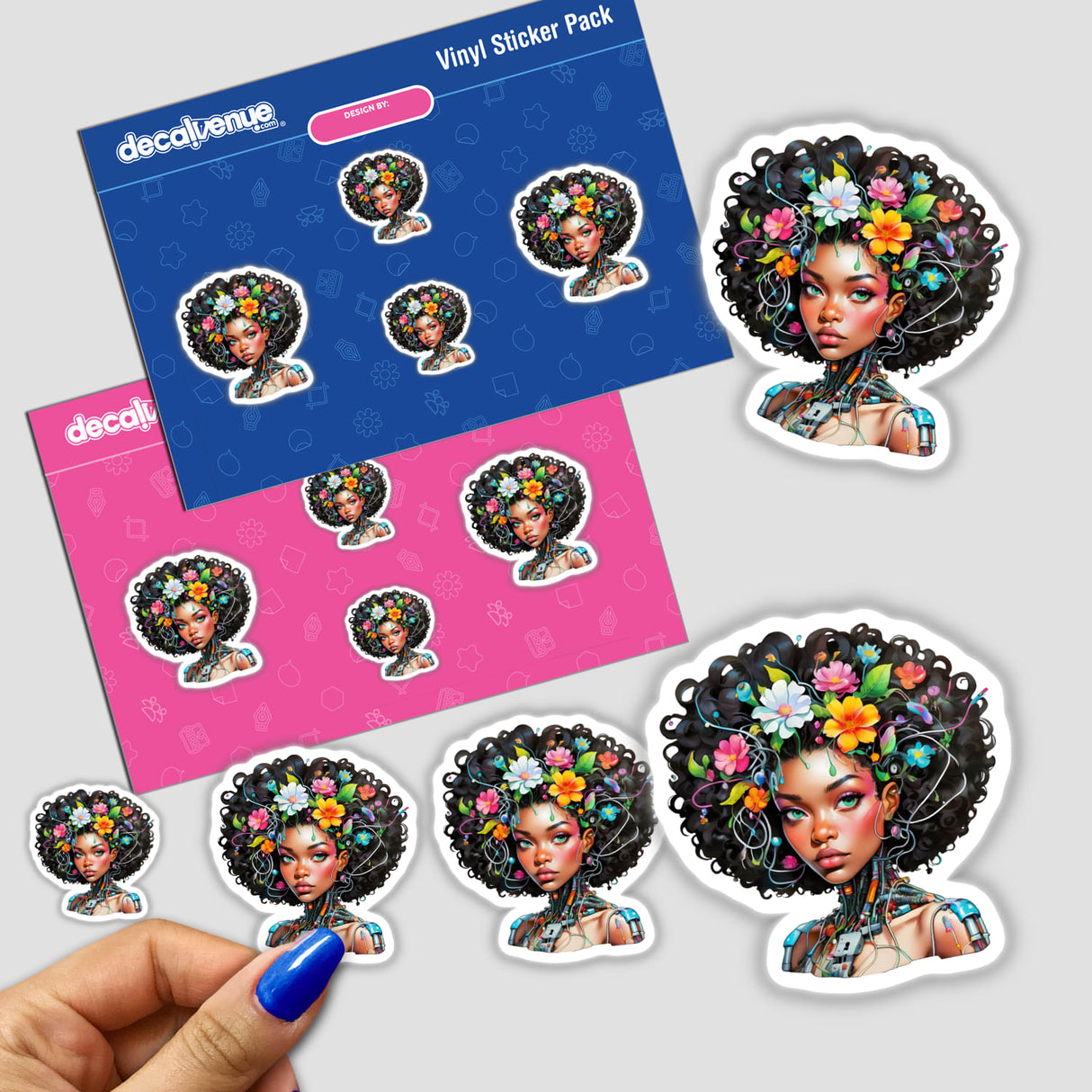 Sticker pack featuring Afro-Tech Fusion: an Afro portrait with wires and cables, surrounded by various flower-themed stickers, close-ups of flowers, and a woman's face adorned with flowers.