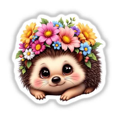 Cute Hedgehog with a Floral Crown: A charming cartoon hedgehog adorned with colorful flowers on its head, available as unique stickers or digital artwork from Decal Venue.