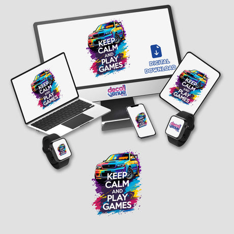 Keep Calm And Play Games Gaming Quote displayed on a laptop, accompanied by a computer monitor and smartphone, highlighting its availability as stickers or digital artwork at Decal Venue.