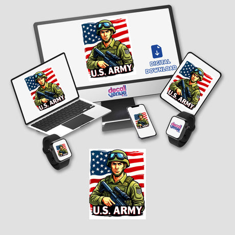 U.S. Army - American Soldier With Flag design on a laptop, smartphone, and smartwatch, available as stickers or digital artwork, showcasing a soldier holding a gun and an American flag.