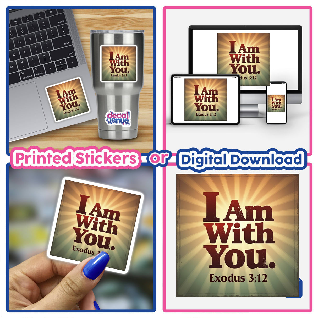 I Am With You – Exodus 3:12 Christian Sticker or Clipart displayed on a laptop, showcasing its design for digital or sticker use, reflecting Decal Venue's unique art offerings.