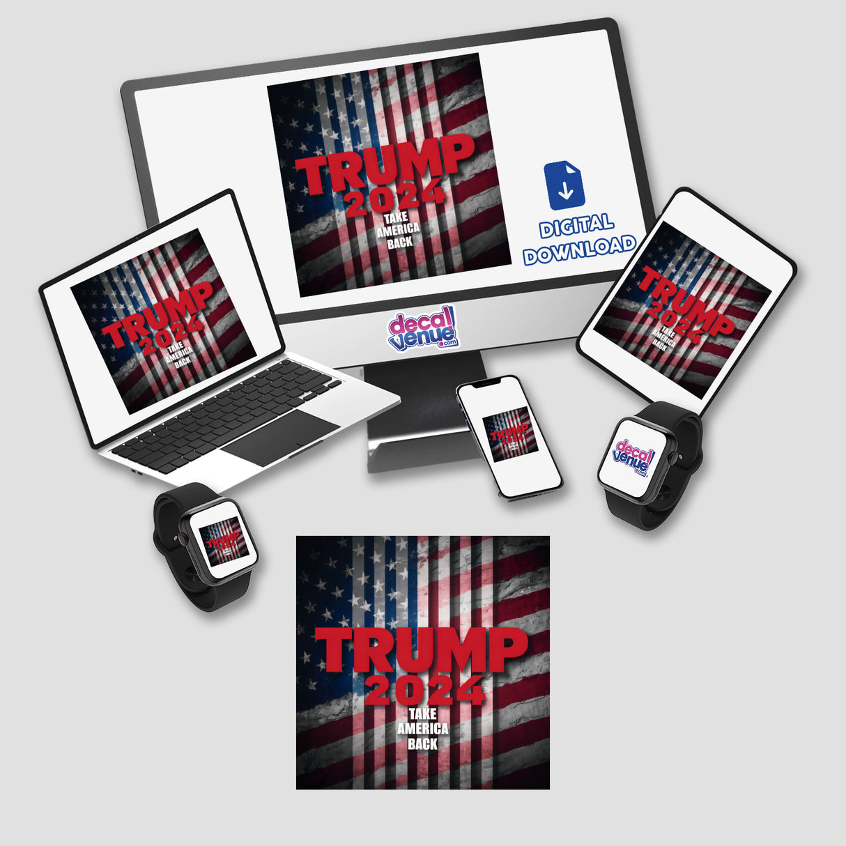 Patriotic digital artwork featuring the "Trump Take Back America 2024" text and American flag design, displayed across various digital devices.