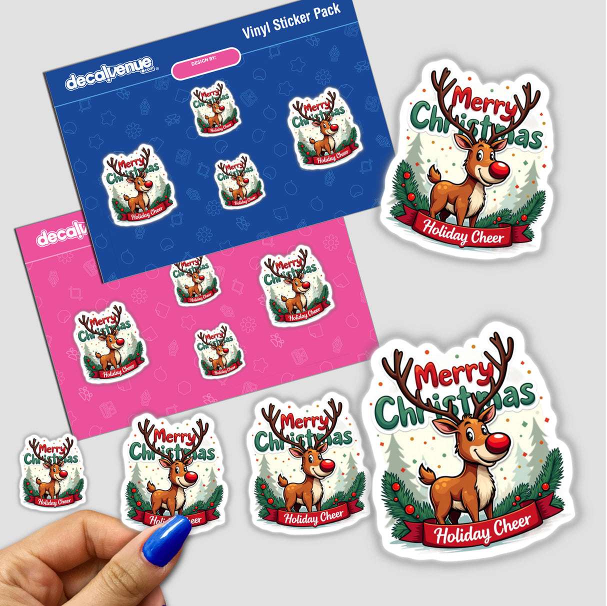 Merry Christmas Holiday Cheer Reindeer sticker featuring a cartoon reindeer with antlers and festive text, available as a sticker or digital artwork from Decal Venue.