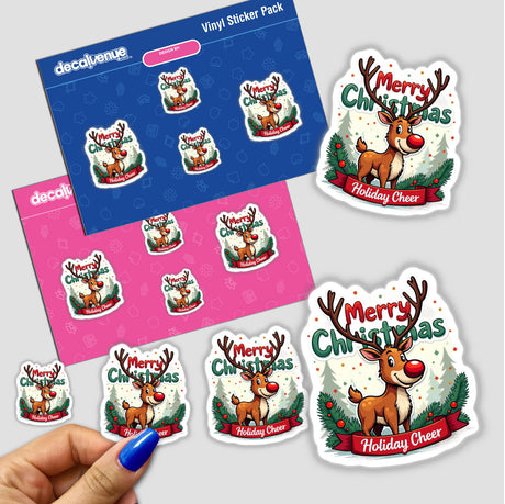 Merry Christmas Holiday Cheer Reindeer sticker featuring a cartoon reindeer with antlers and festive text, available as a sticker or digital artwork from Decal Venue.