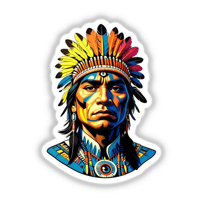 A Native American Warrior Chief depicted with a vibrant headdress and face paint, available as vinyl stickers or digital artwork from Decal Venue.