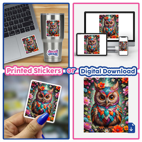 A collage featuring A Lovely Owl With Blooming Flowers sticker and digital artwork, showcasing a cartoon owl adorned with vibrant flowers on a laptop, reflecting Decal Venue's unique sticker offerings.